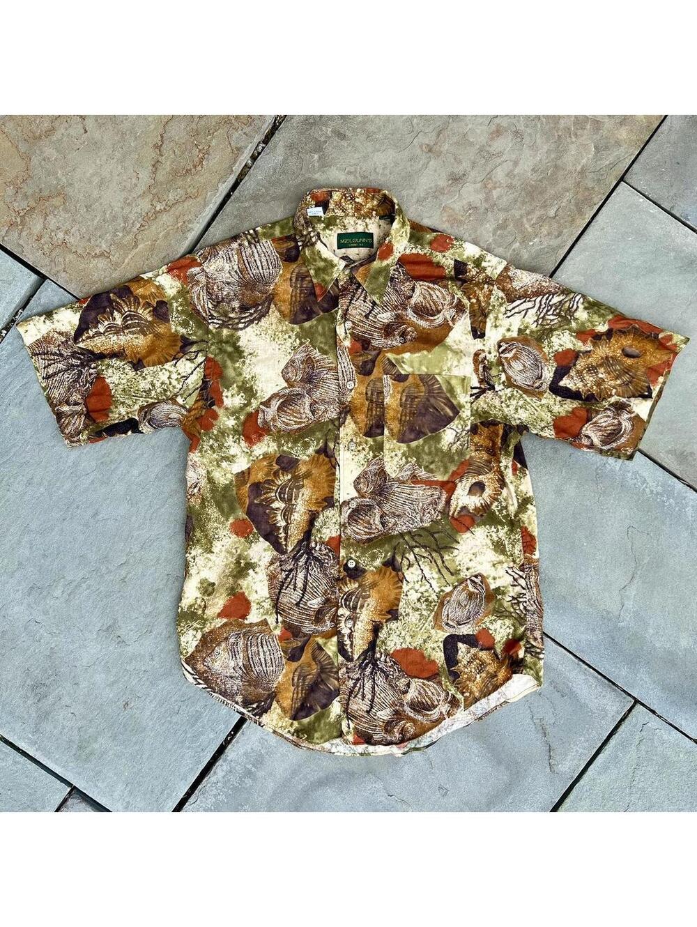 Vintage 70s Fish Pattern Linen Blend Shirt Made in USA